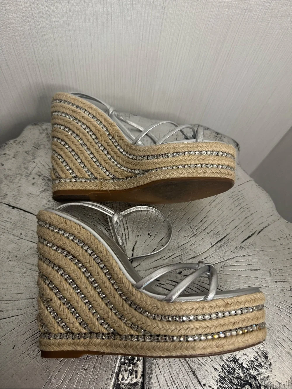 Sophia Webster Alina Metallic Crystal Wedge Espadrilles. Size 37.5! Silver.